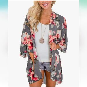 Kimono Gray Pink Floral Print 3/4 Sleeve Cardigan, Medium